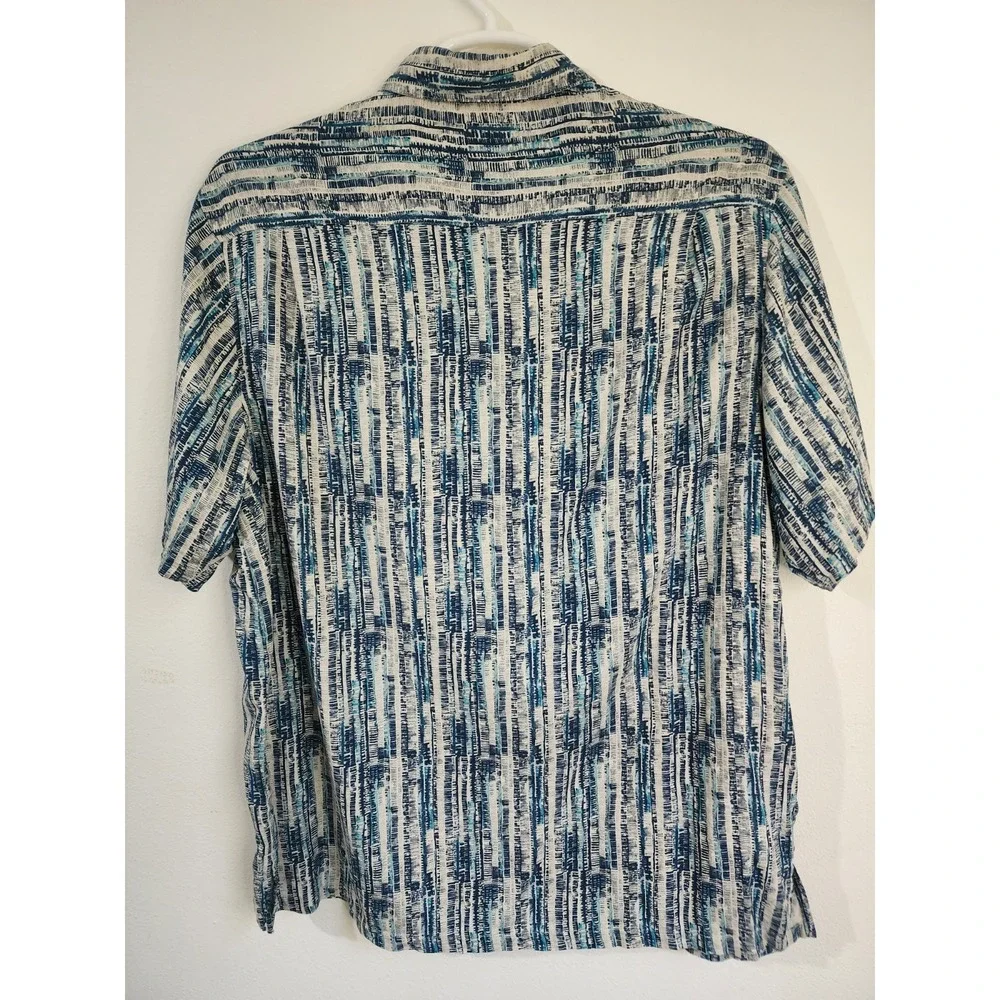 Vintage Silk Circa 1969 Hawaiian Camp Shirt Men XL Blue Abstract Striped 100%...
